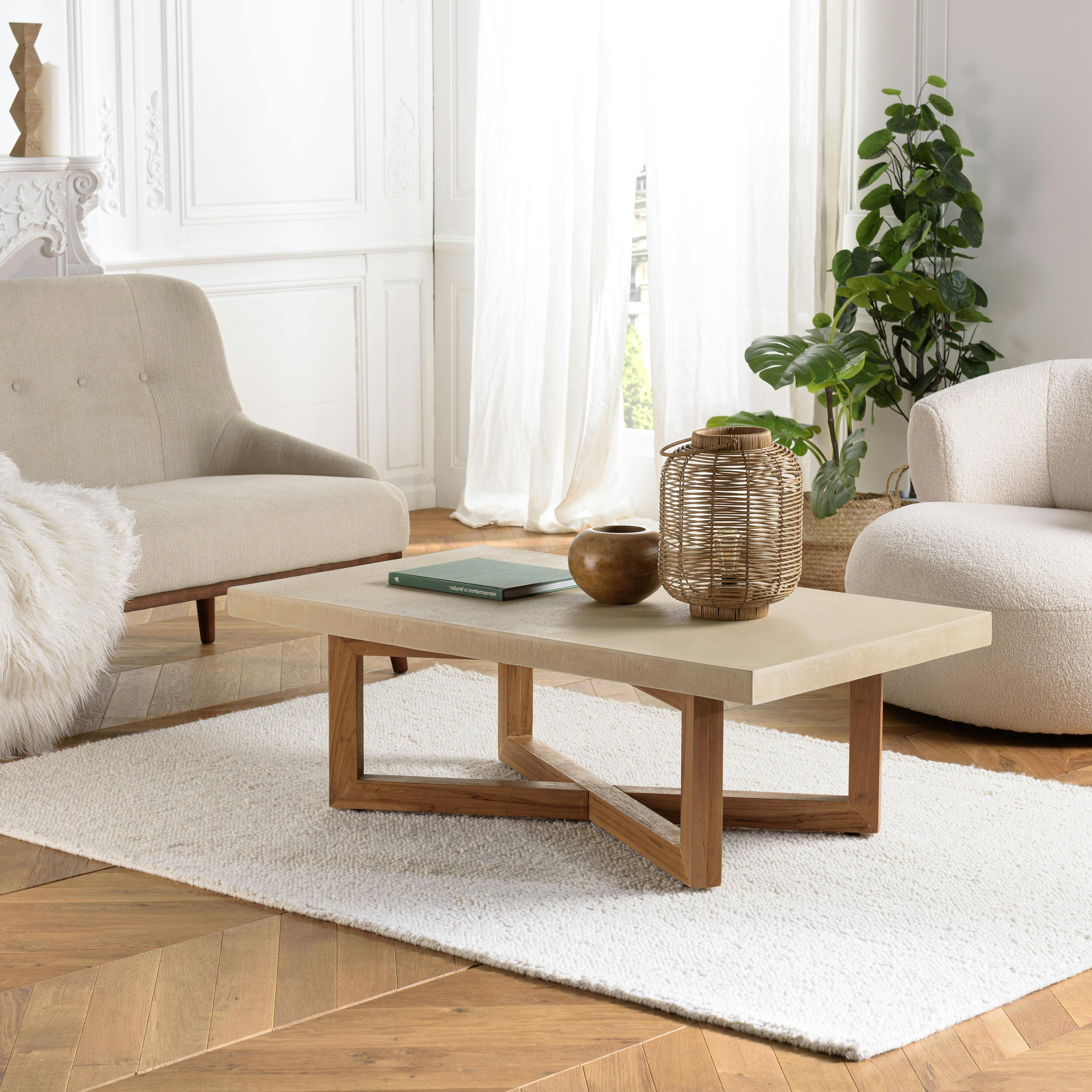Table basse 120x70cm en béton beige pieds croisés en teck DIKA
