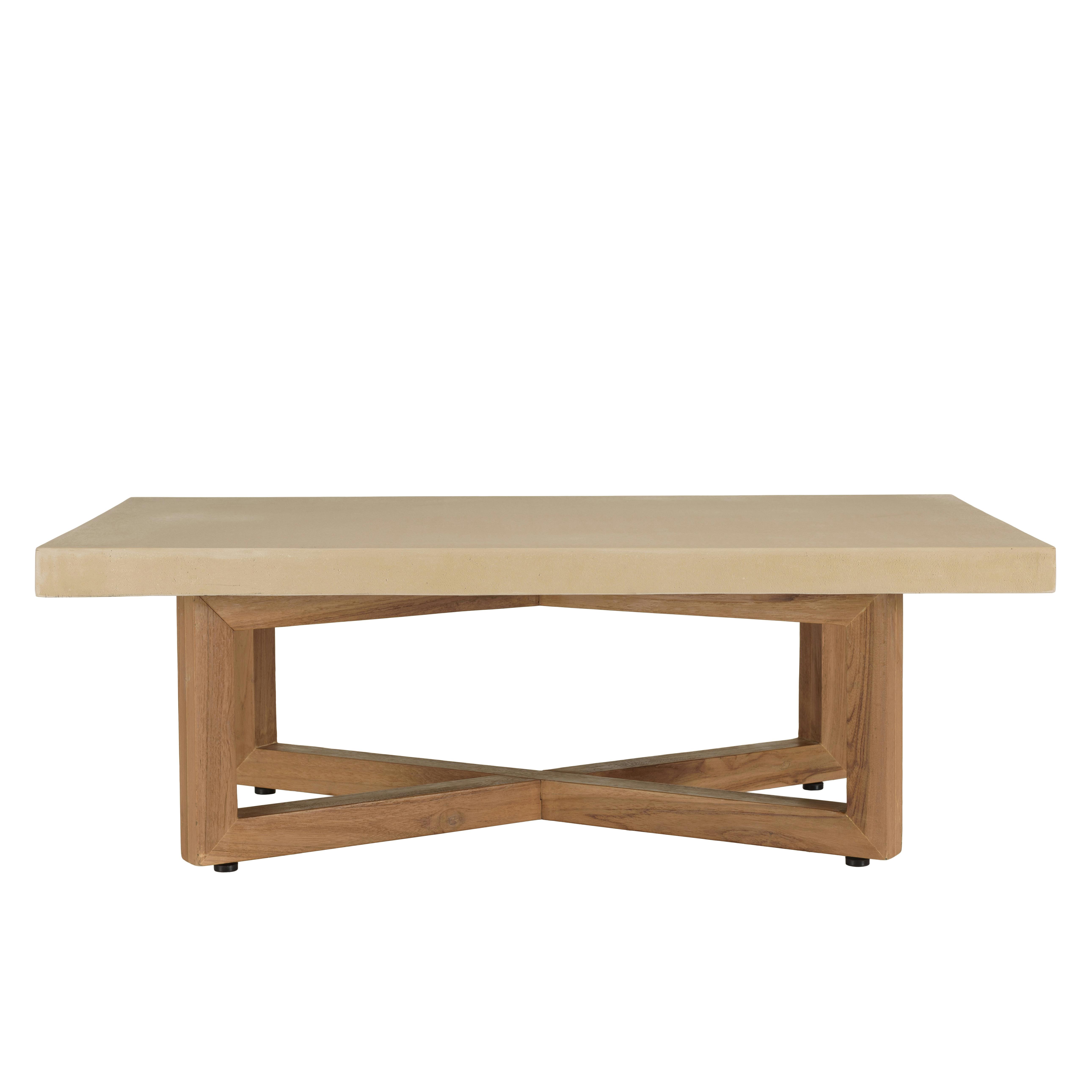 Table basse 120x70cm en béton beige pieds croisés en teck DIKA