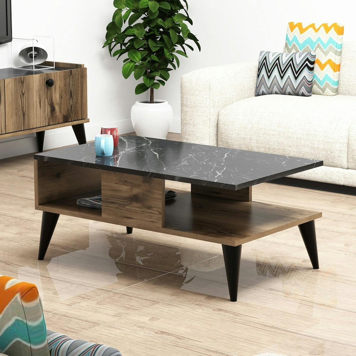 Table basse 2 plateaux effet marbre noir et noyer MARFA