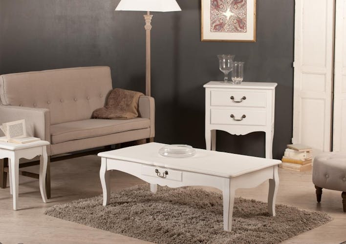 Table basse 2 tiroirs bois peint blanc 110x60x40cm MARIE