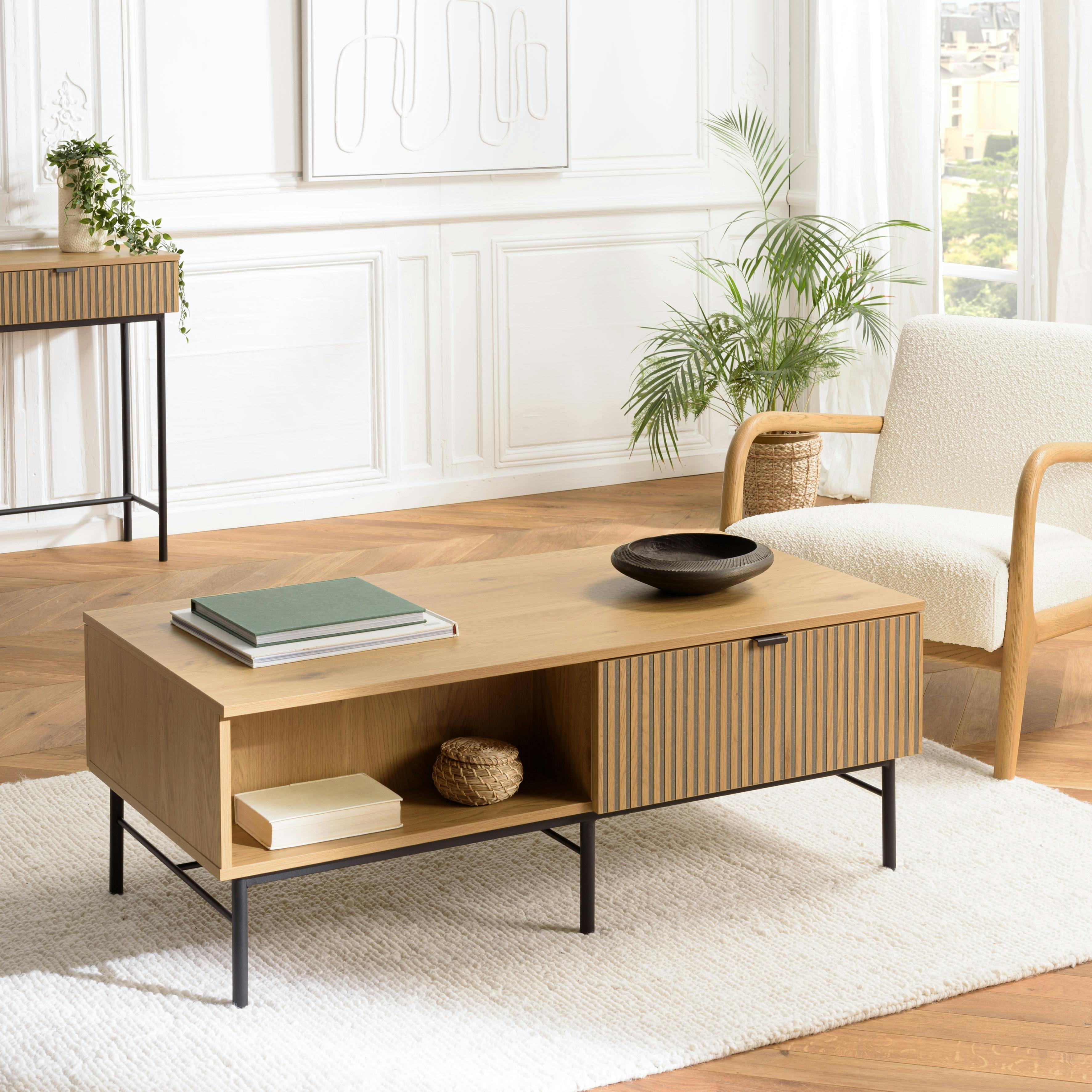 Table basse 2 tiroirs décor effet bois rainuré noir/naturel OLETTA