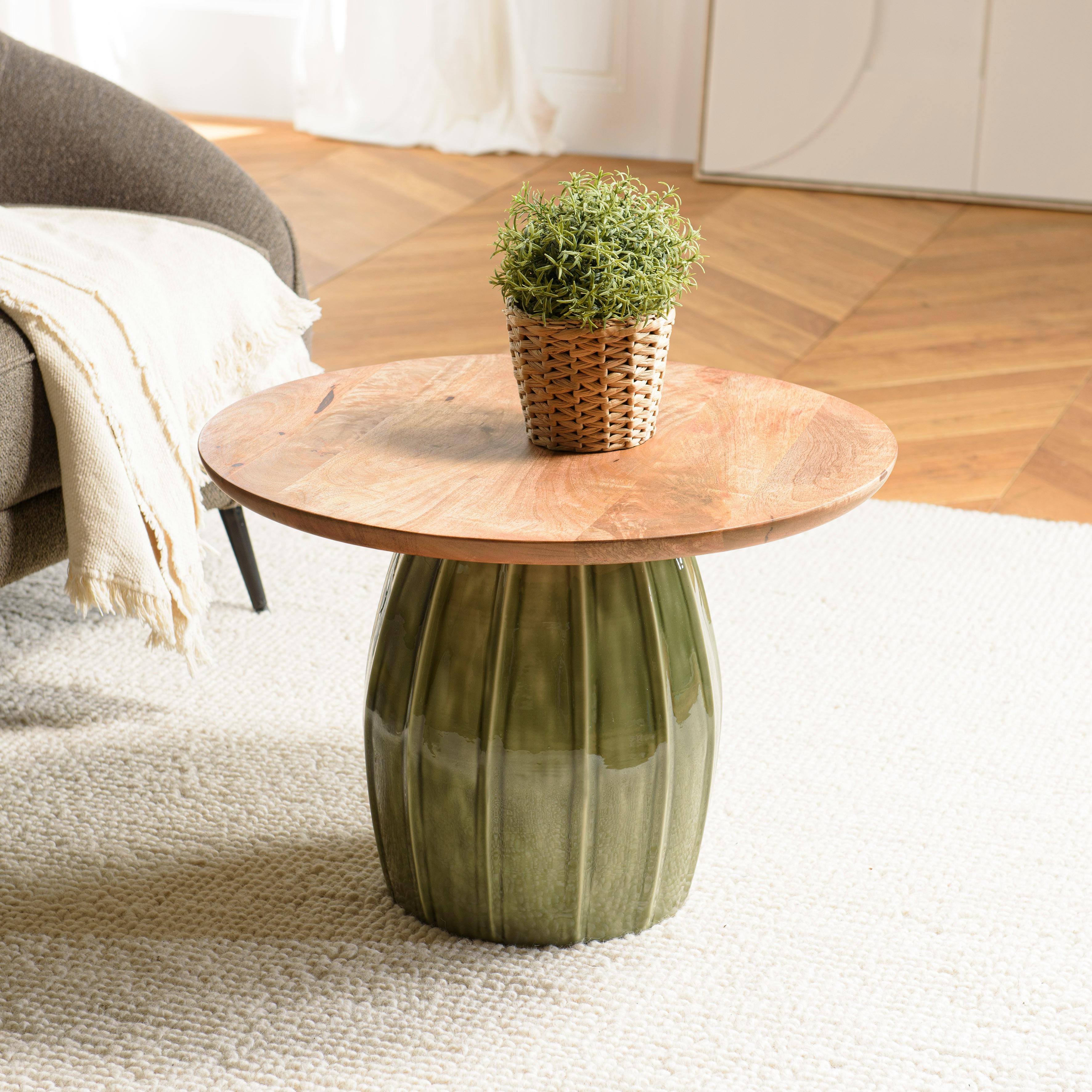 Table basse 60 cm plateau en manguier pied en émail vert TOSCA