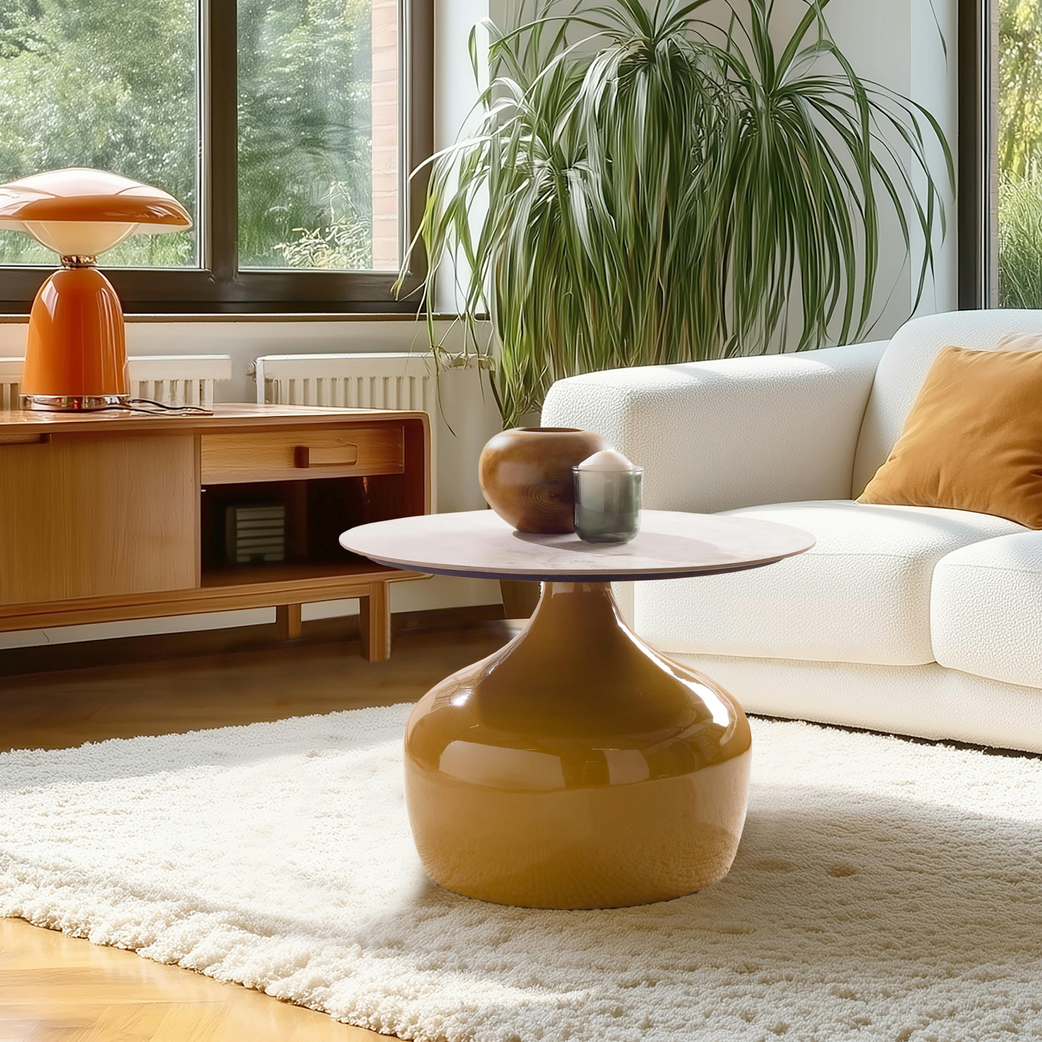 Table basse 60cm plateau en céramique pied fer camel ELORA