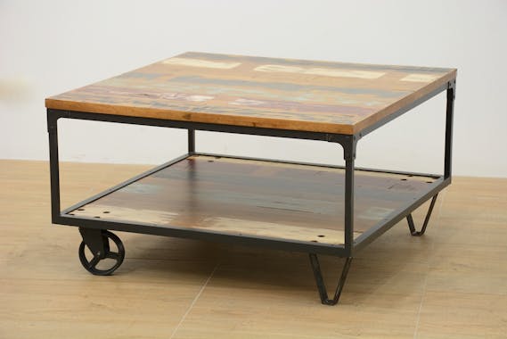 Table basse à roulettes double plateaux en Hévéa recyclé coloré et métal 90x90x47cm LOFT COLORS
