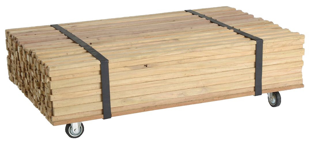 Table basse rectangulaire en bois et metal avec roulettes de style industriel