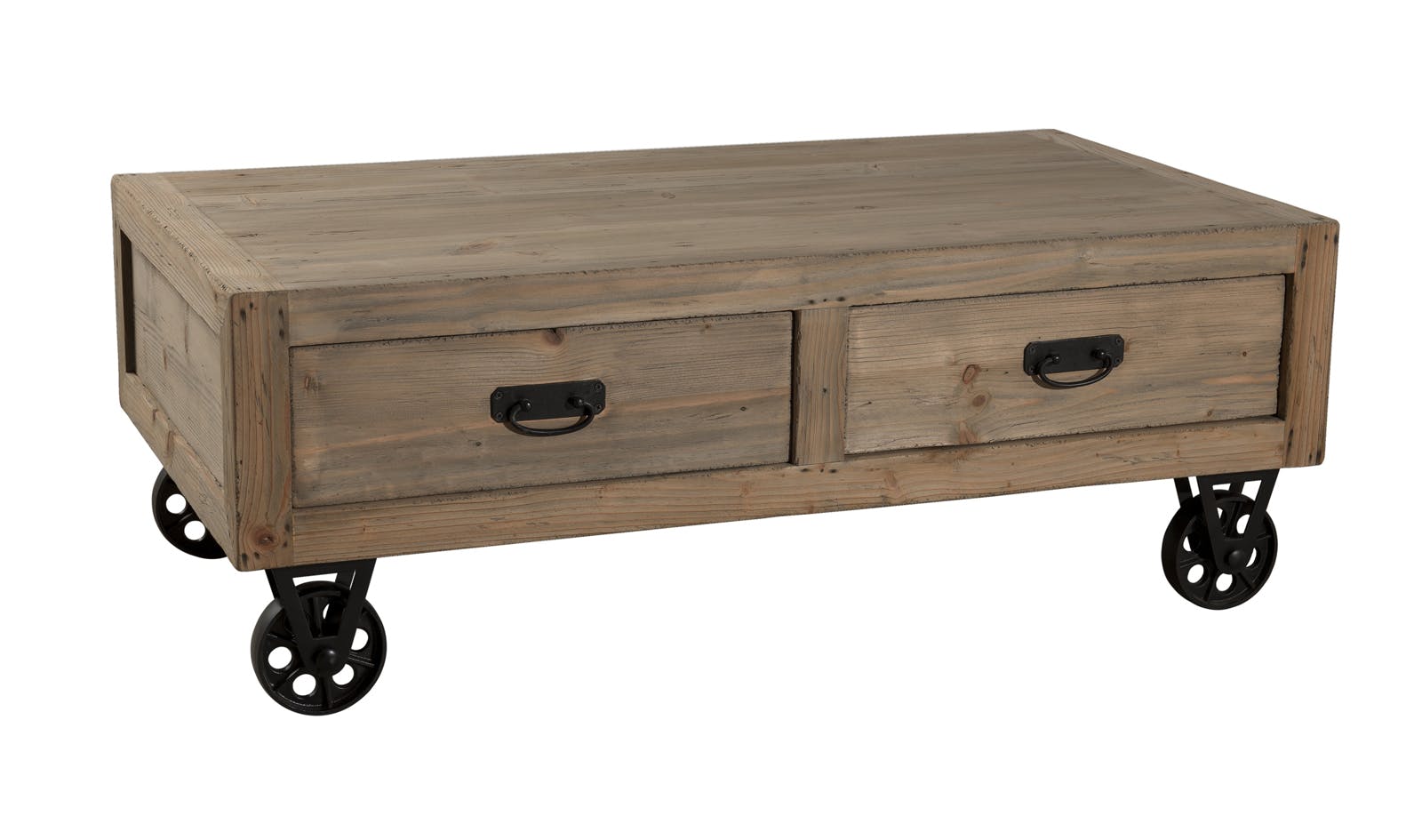 Table basse à roulettes métal, 2 tiroirs, en Pin 110x60,5x40,5cm ATELIER