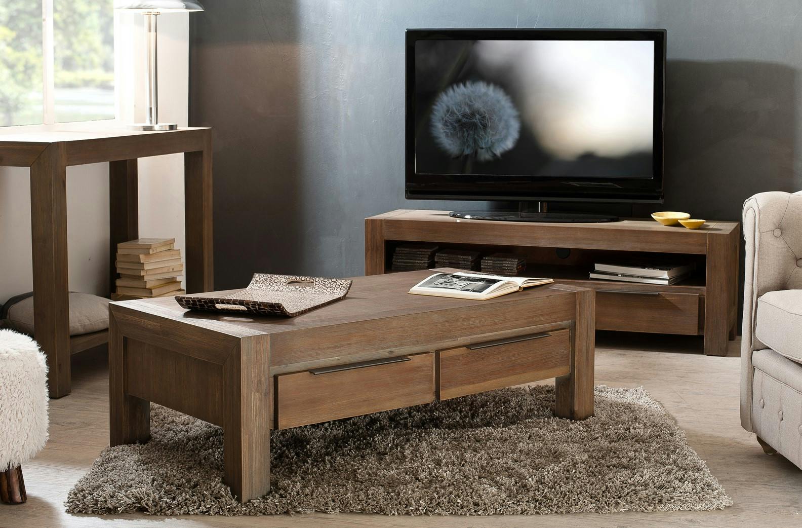 Table basse acacia grisé moderne 120x40cm NANY