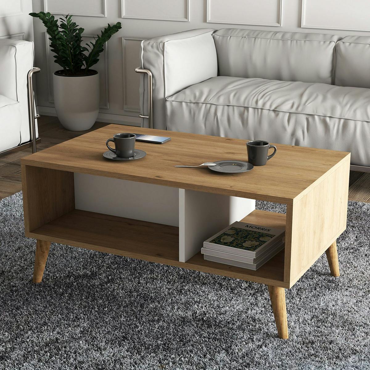 Table basse avec niches rangement, effet bois & blanc MARFA