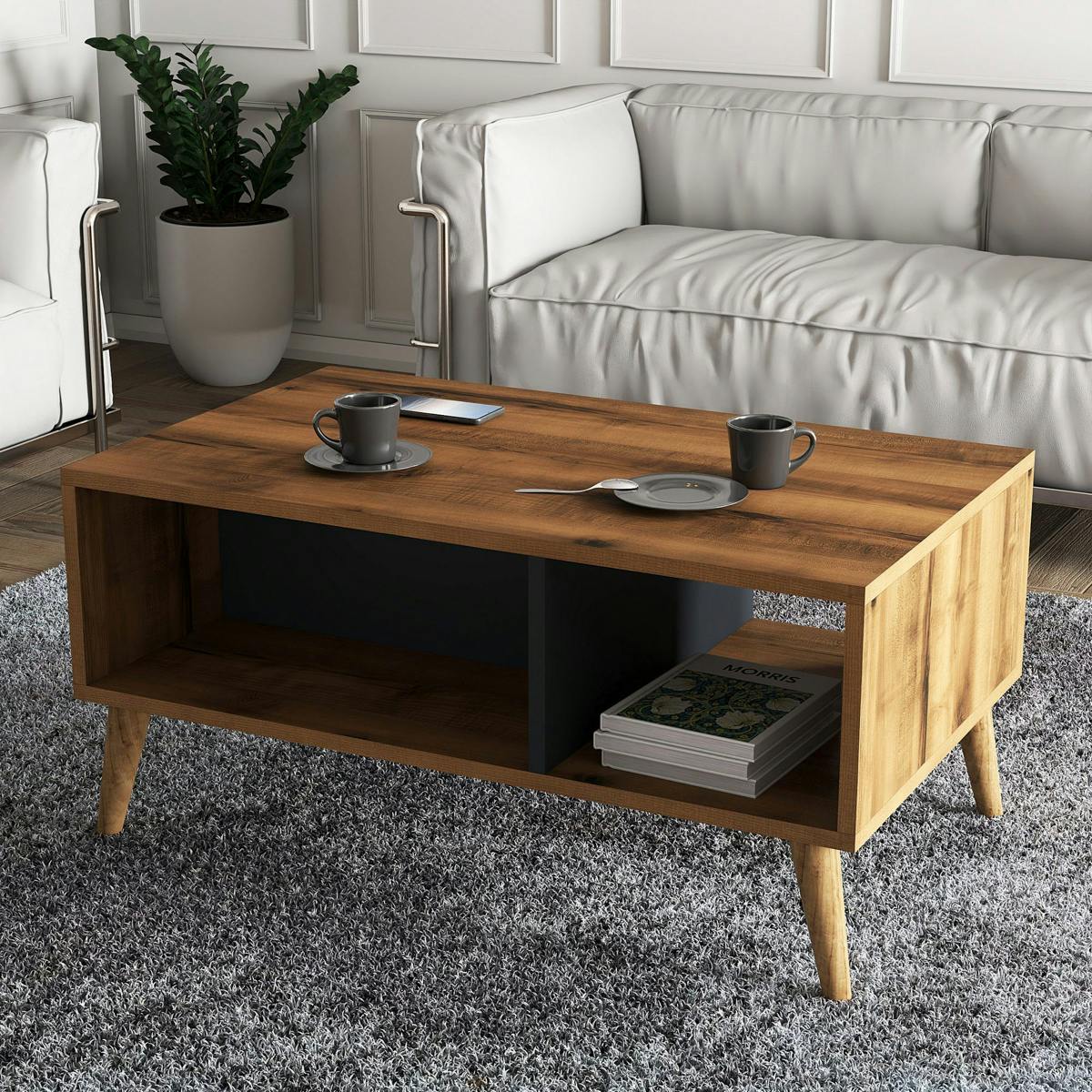 Table basse avec niches rangement, effet noyer & gris MARFA