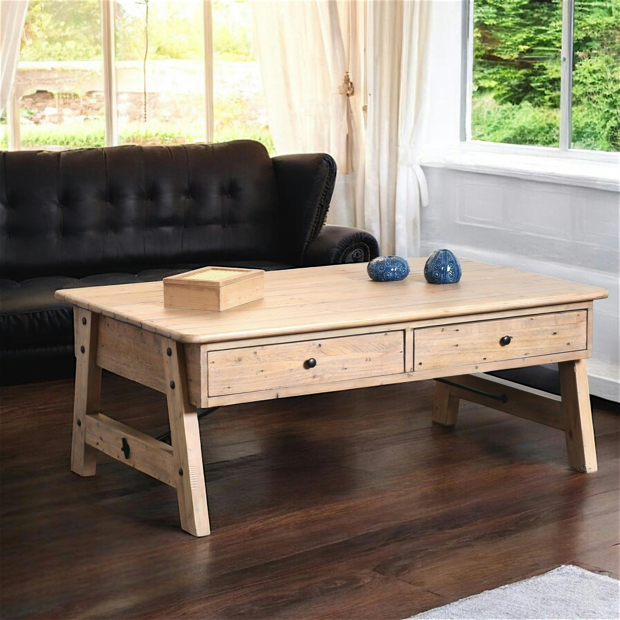 Table basse rectangulaire en bois recycle FSC de style campagne