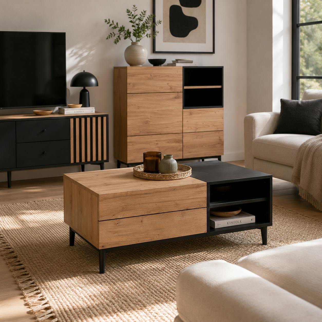 Table basse avec rangement décor bois et noir ALVA