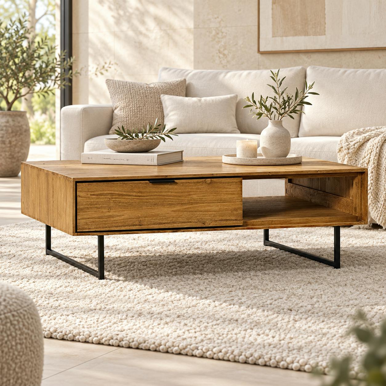 Table basse avec rangement en bois de teck recyclé DEPOK