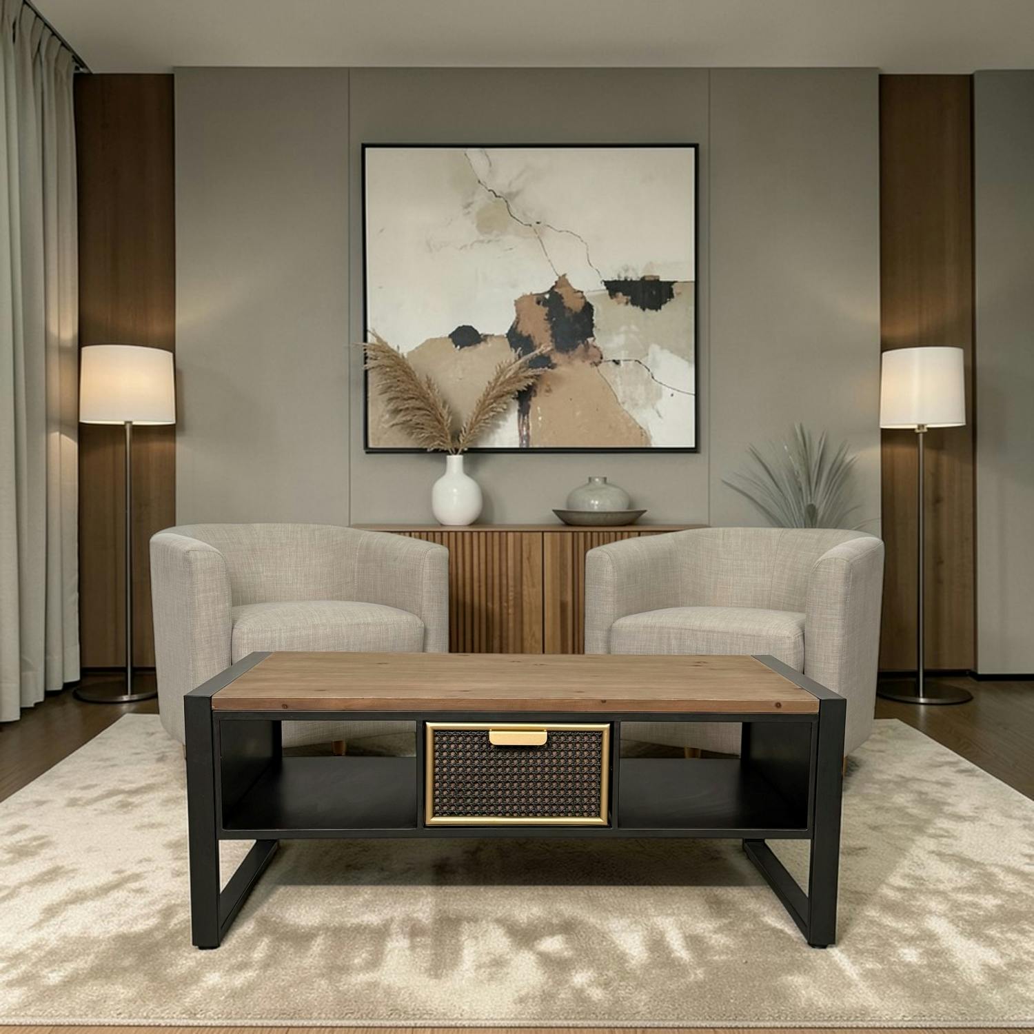 Table basse avec rangement et 1 tiroir en cannage métallique ATELIER