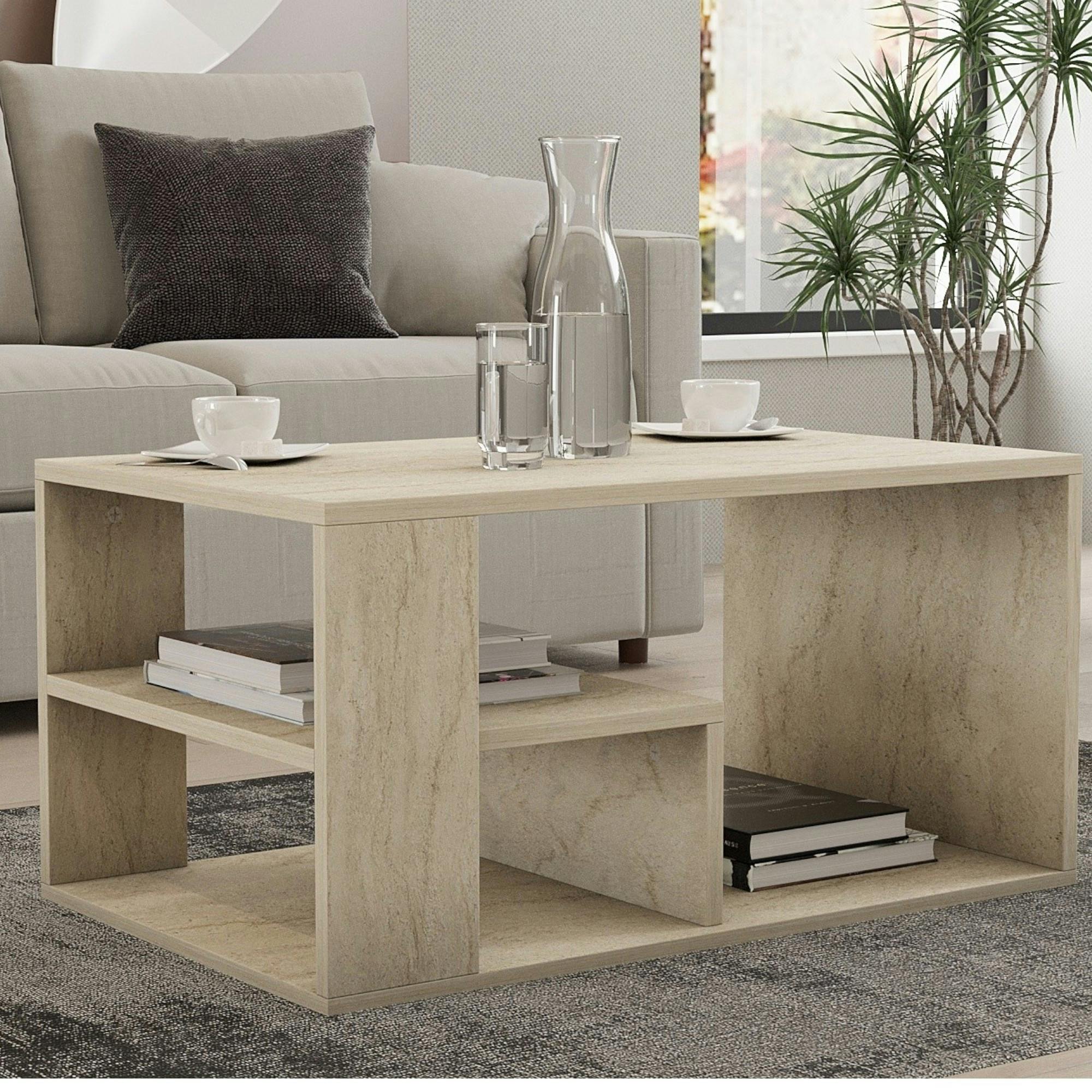 Table basse avec rangement ouvert effet travertin MARFA
