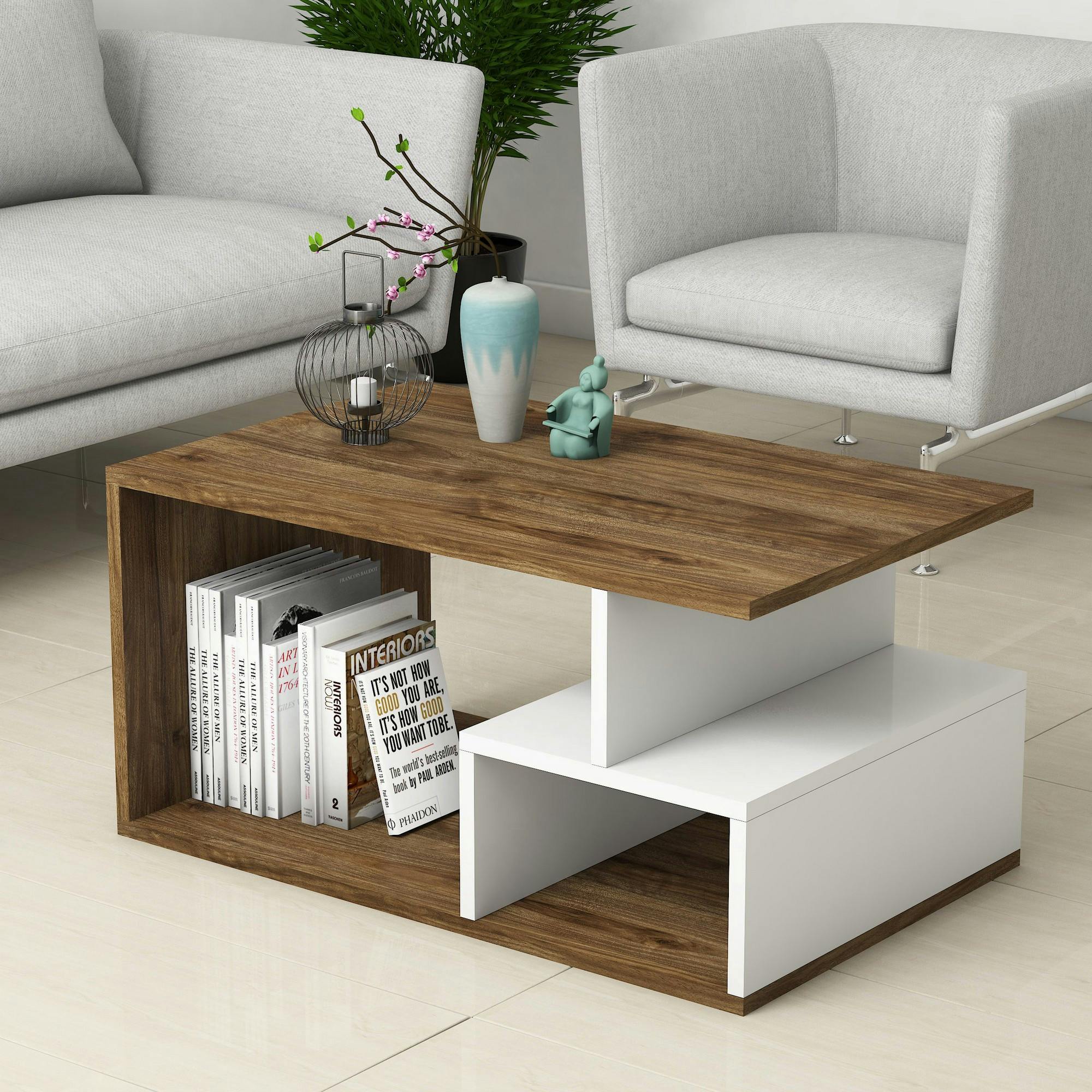 Table basse avec rangement ouvert, effets noyer & blanc MARFA