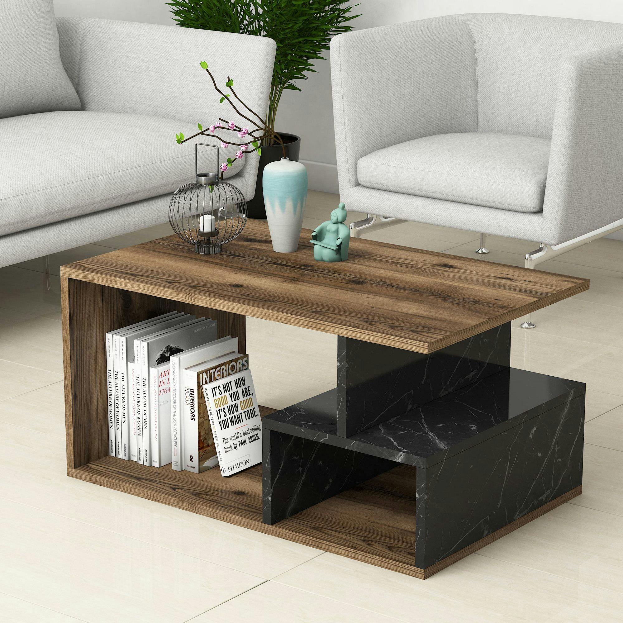 Table basse avec rangement ouvert, effets noyer & marbre MARFA