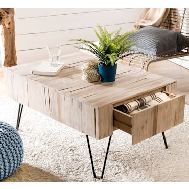  Table basse carree en bois calir et metal de style contemporain