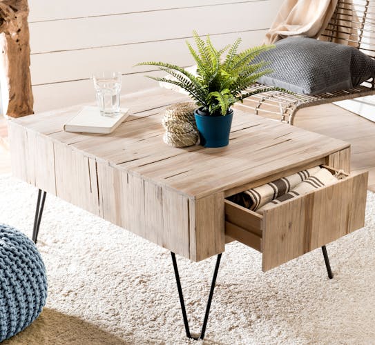 Table basse carree en bois calir et metal de style contemporain
