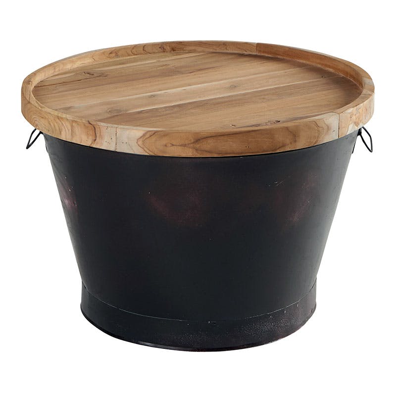 Table basse "Bassine" plateau Teck massif et base zinc noir avec poignées D61xH42cm TOWN