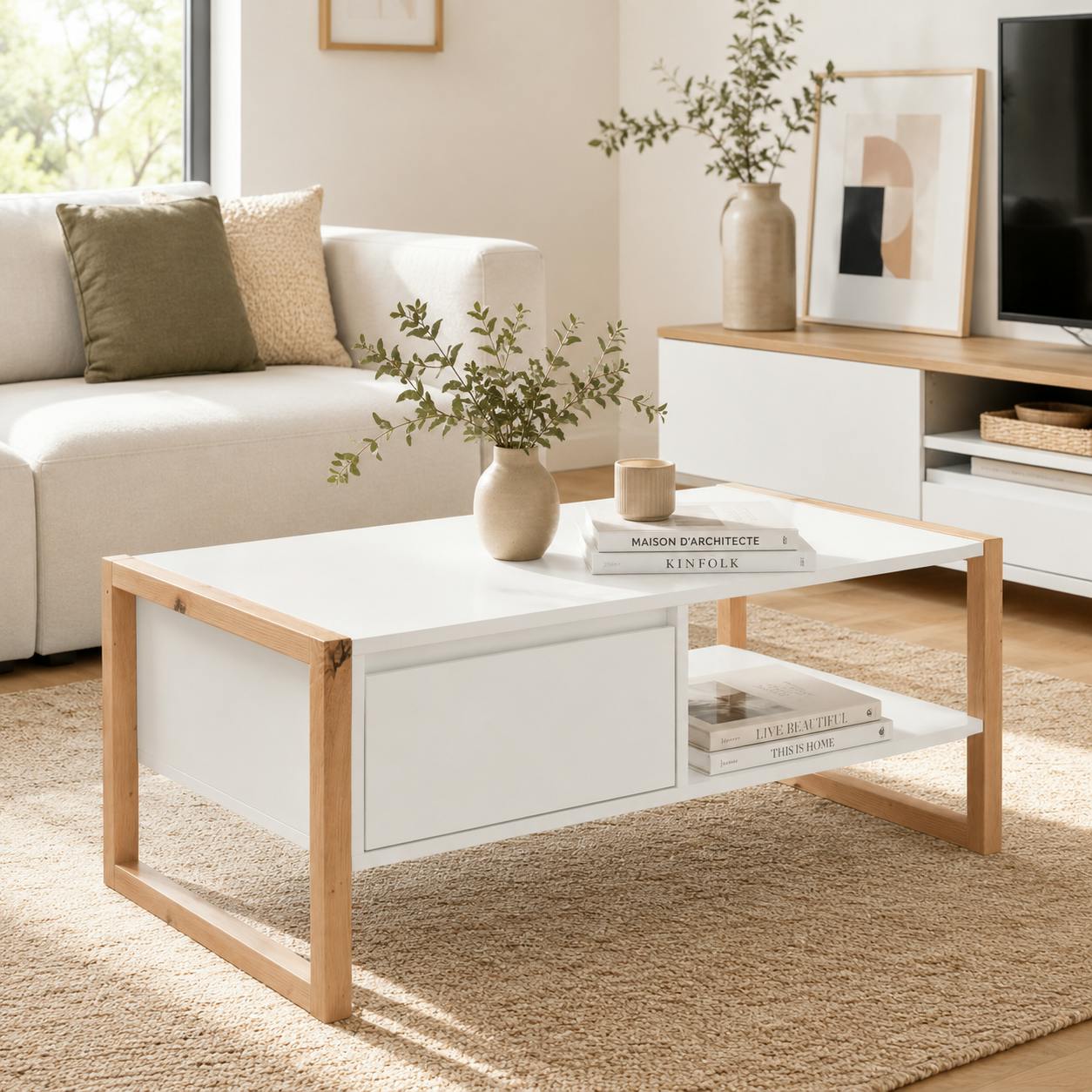 Table basse blanche 1 tiroir 1 niche ALVA