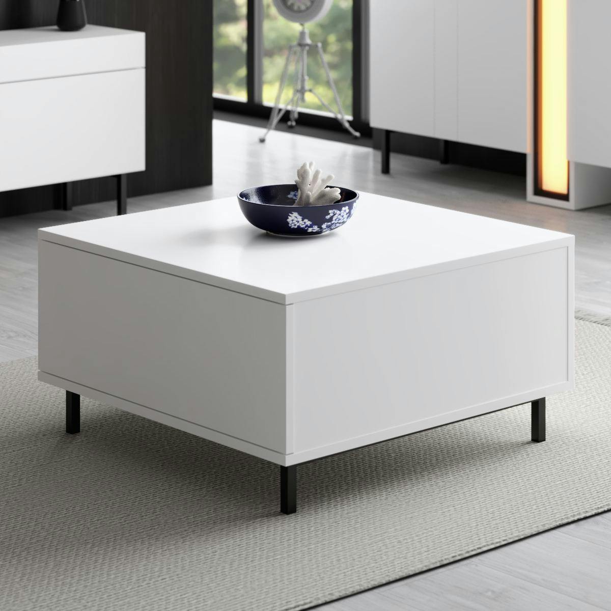 Table basse blanche carrée avec coffre de rangement AURA