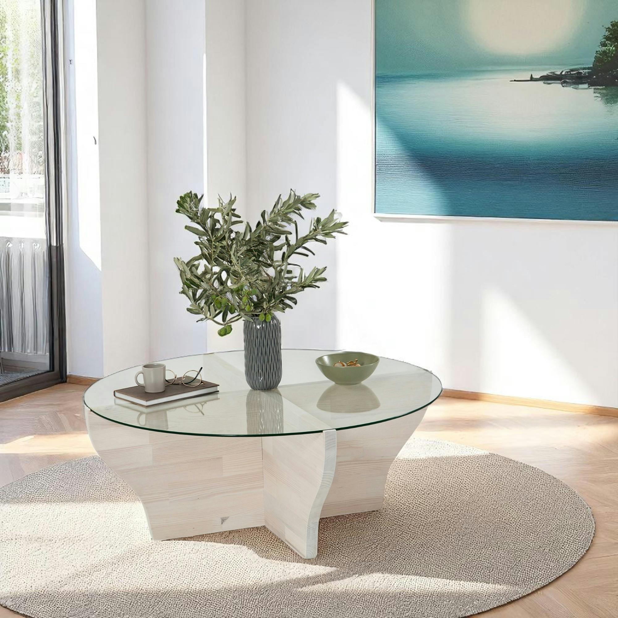 Table basse blanche en verre et bois - pied en X, ANZIO