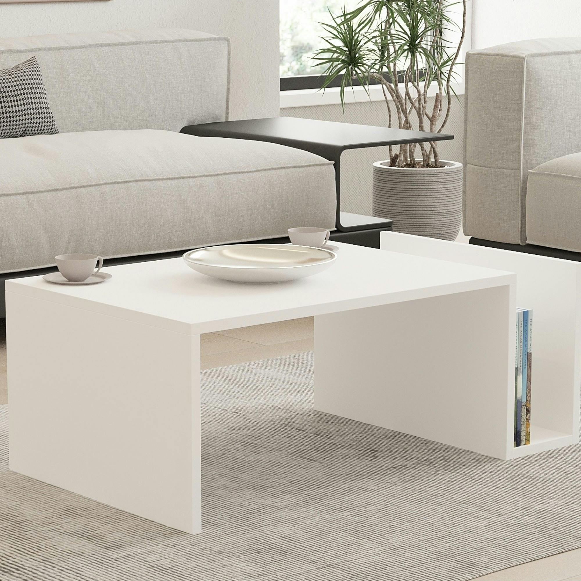 Table basse blanche moderne avec porte-revues MARFA