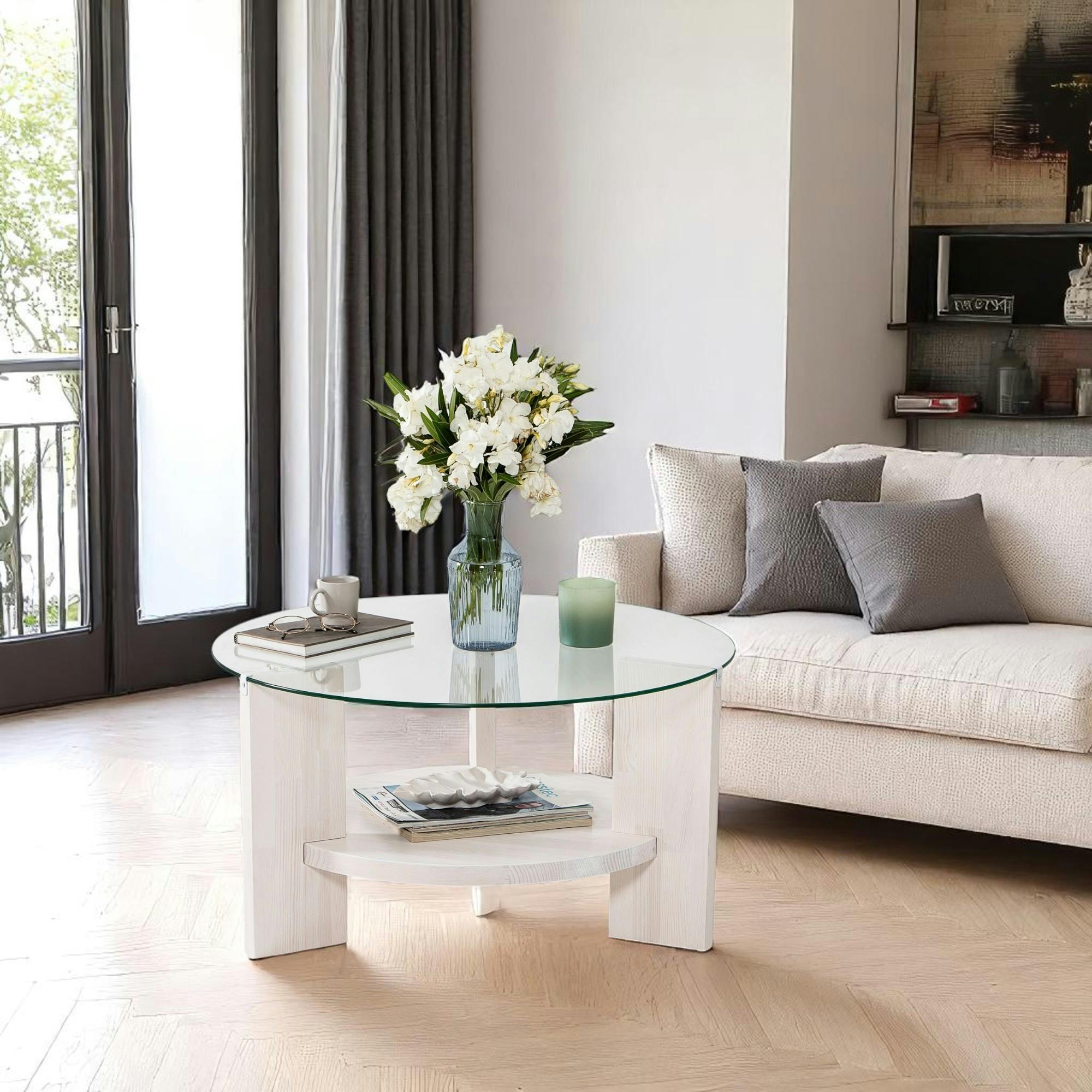 Table basse blanche ronde - verre et bois, 2 plateaux ANZIO