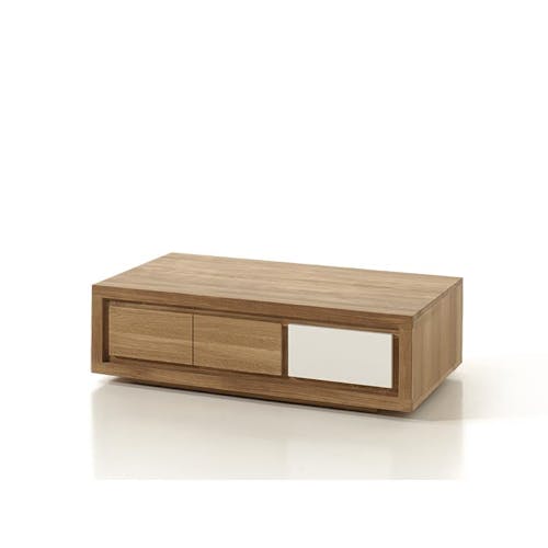 Table basse bois bicolore naturel / laqué blanc en Chêne massif 1 niche, 1 tiroir 110x65x32cm MALMOE