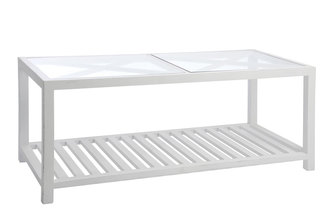 Table basse bois blanc, plateau supérieur en verre avec croisillons 110x50x45cm
