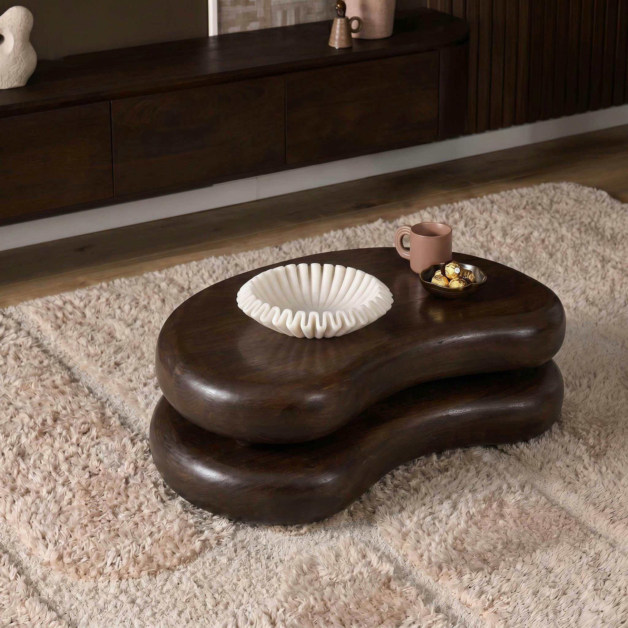 Table basse bois brun double plateau design organique ALMA