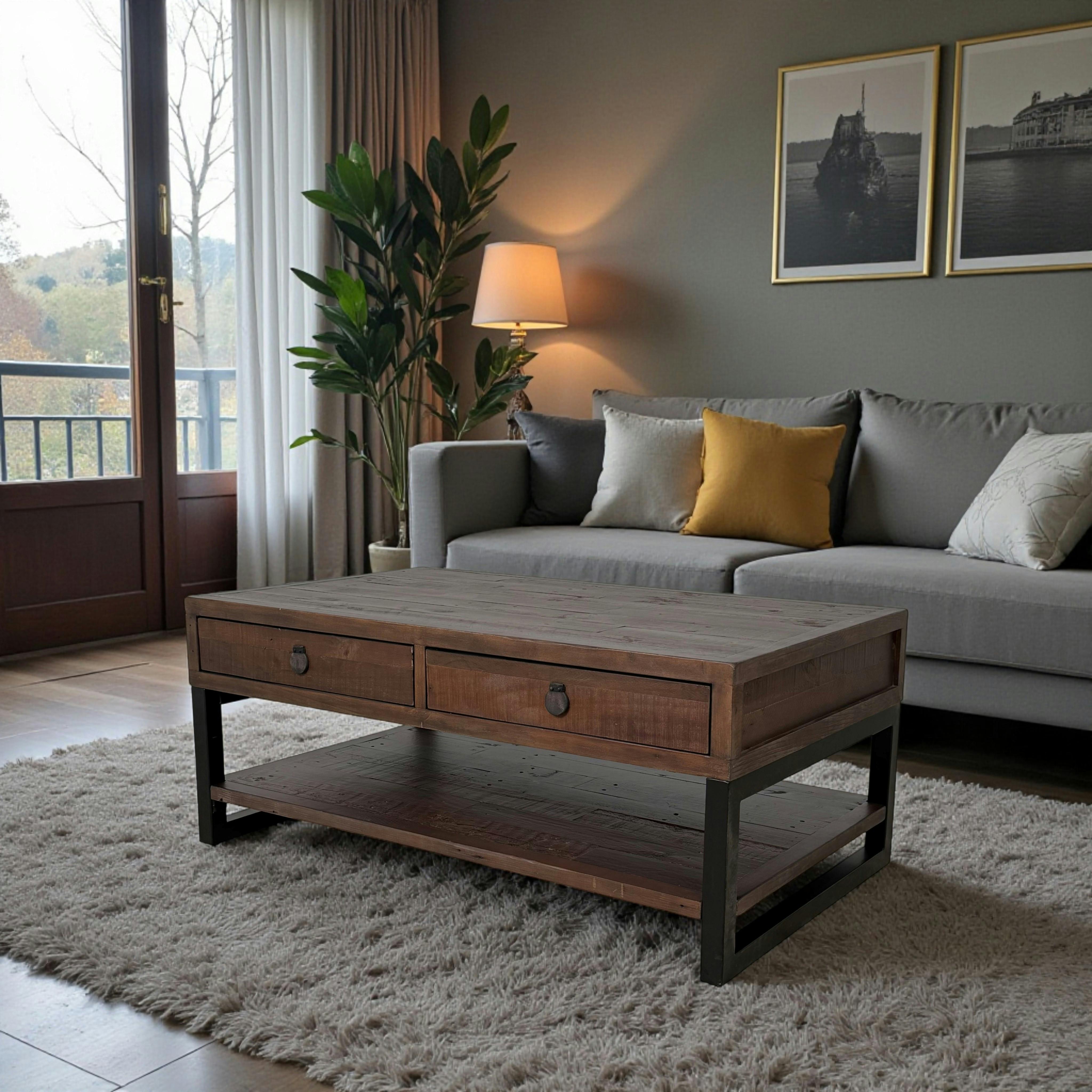 Table basse bois brun recyclé double plateau 2 tiroirs SAMOA