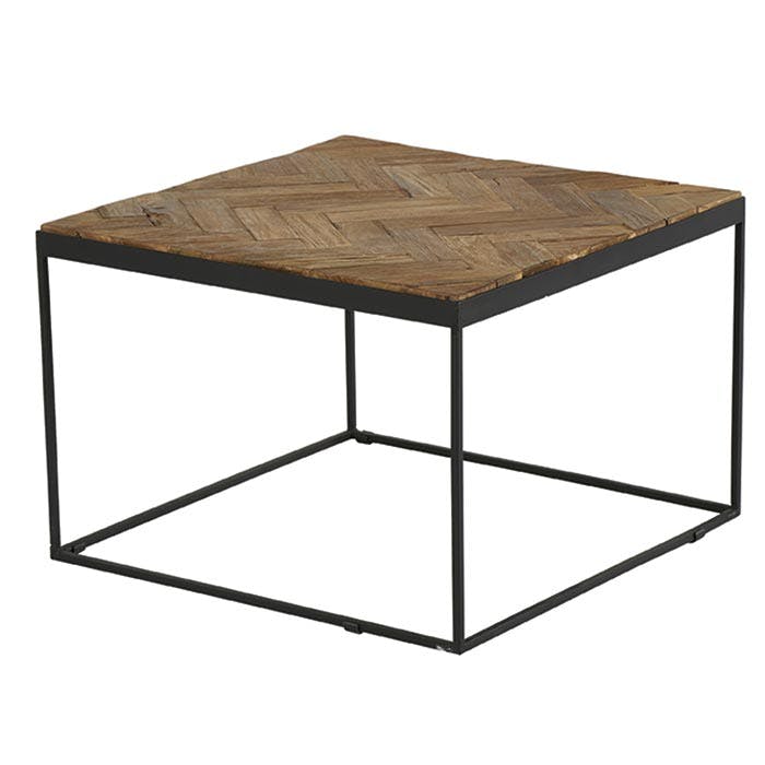 Table basse carree en bois et metal noir de style exotique