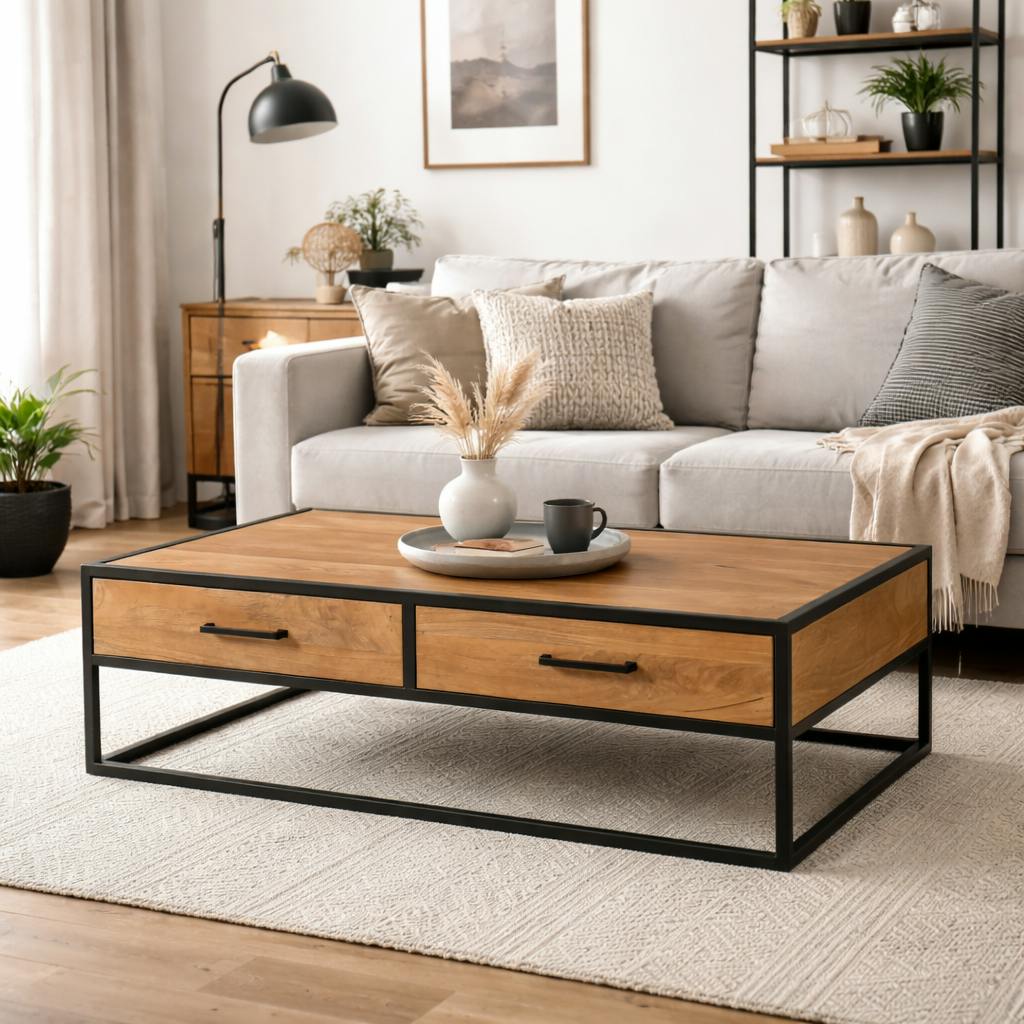 Table basse bois clair métal noir 4 tiroirs RIVANO