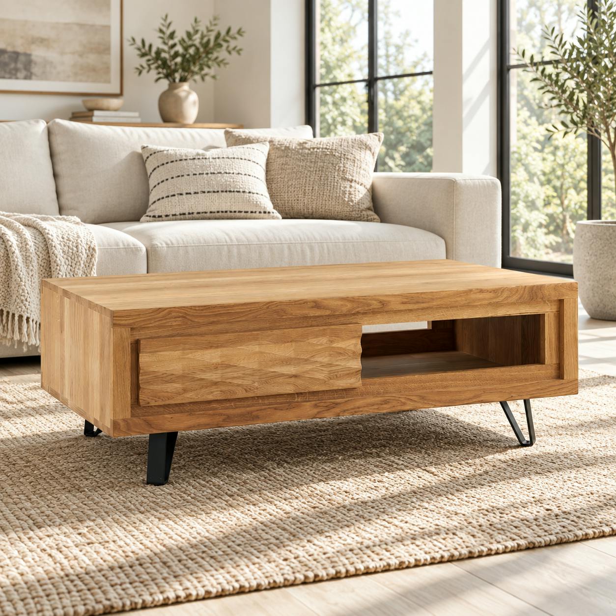 Table basse bois massif - 1 tiroir, frise décorative ROSETO