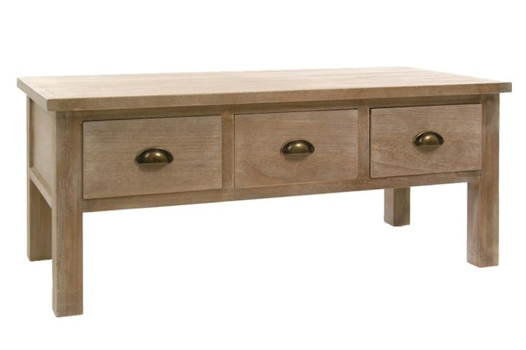 Table basse bois naturel patiné grisé blanchi 3 tiroirs L110xP50xH45cm PAOLIA