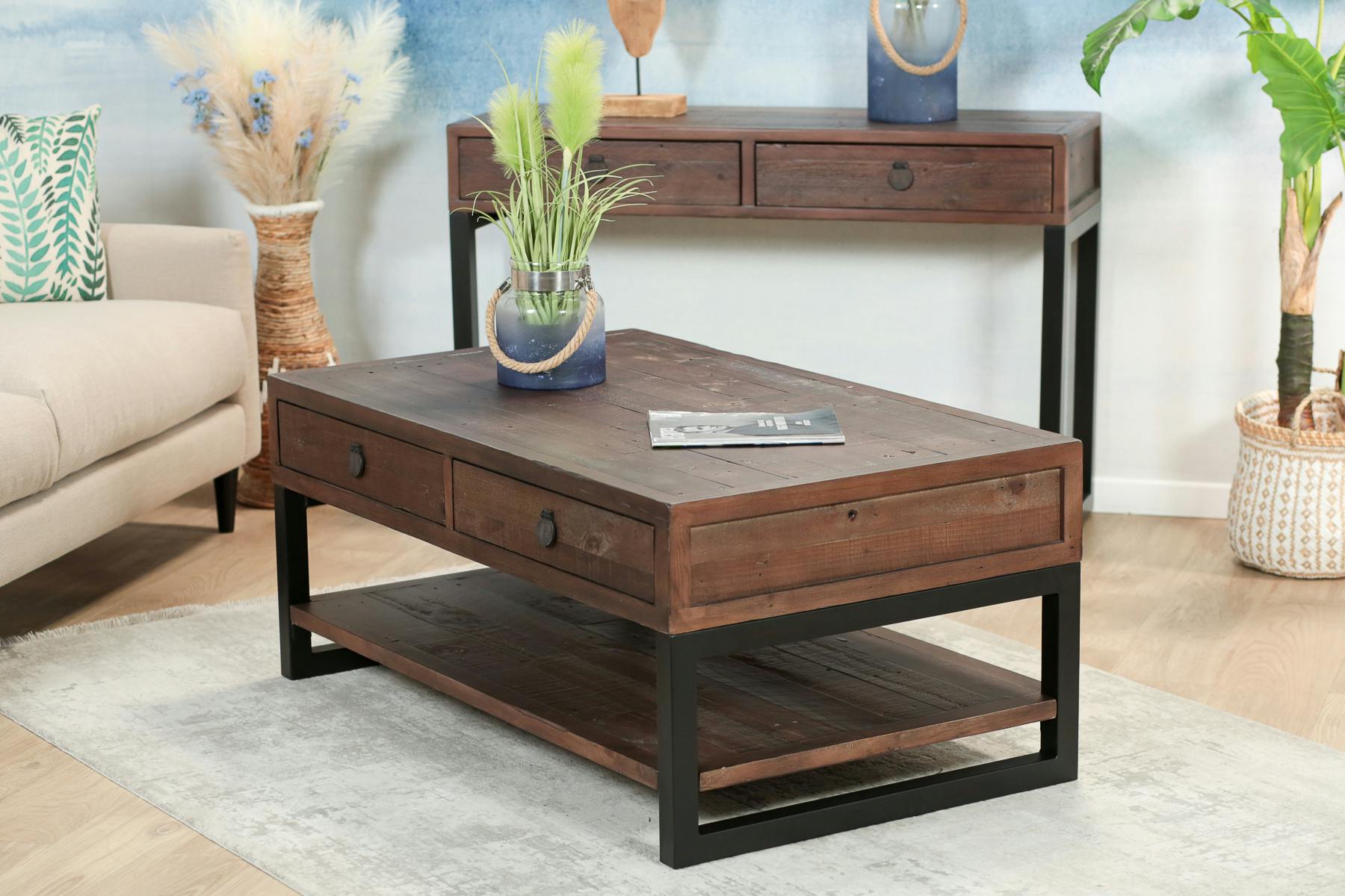 Table basse bois recyclé double plateau 2 tiroirs SAMOA