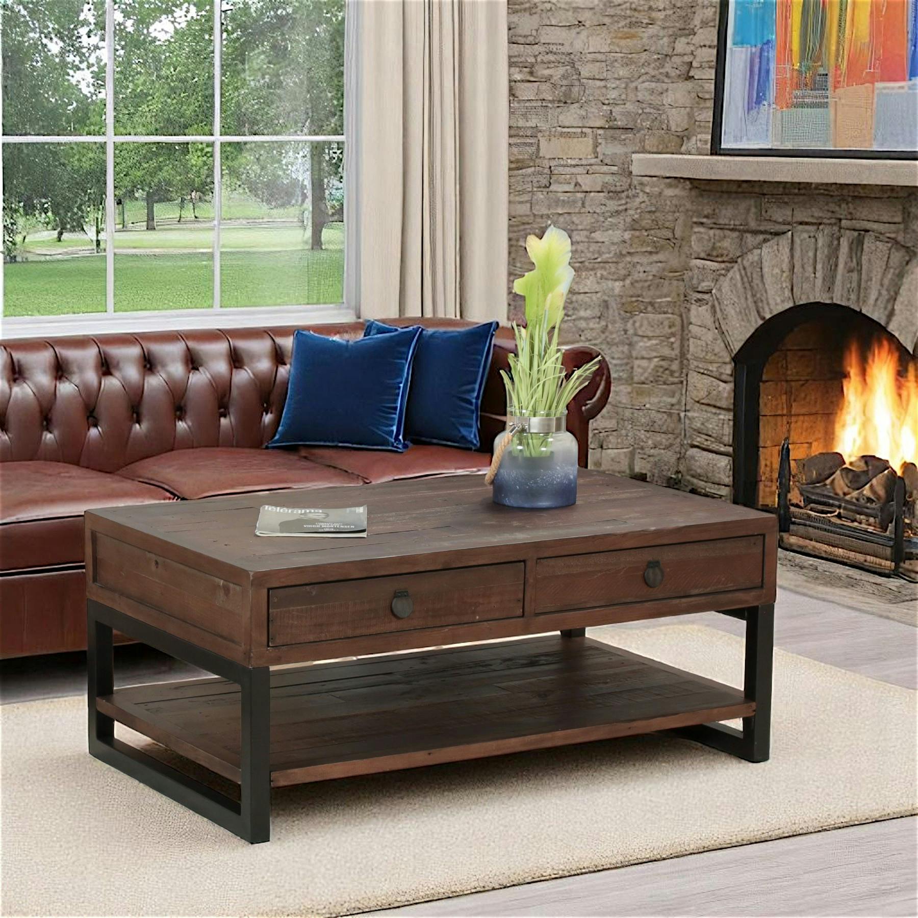 Table basse bois brun recyclé double plateau 2 tiroirs SAMOA