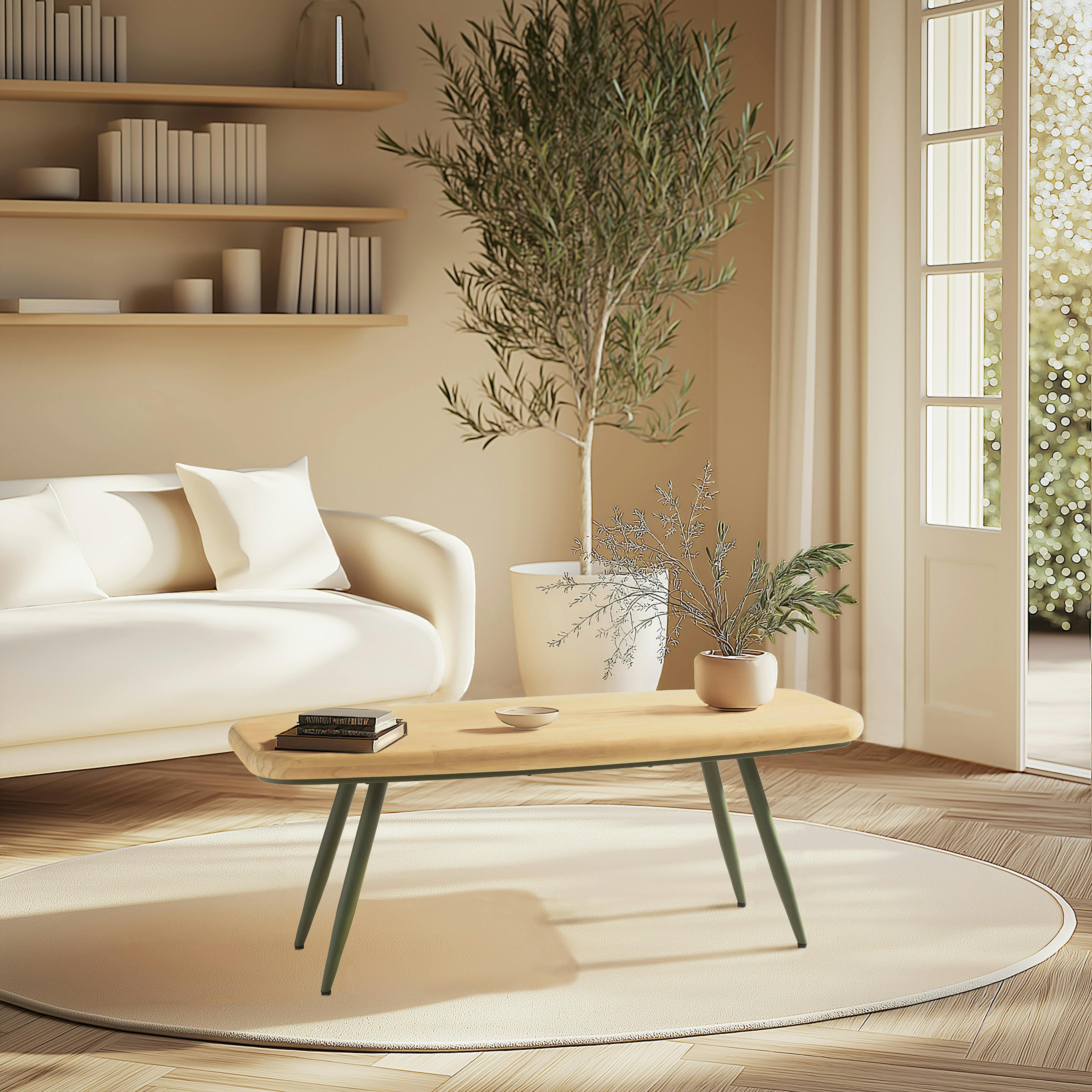 Table basse bords arrondis pin et métal vert 100 cm BAGAN