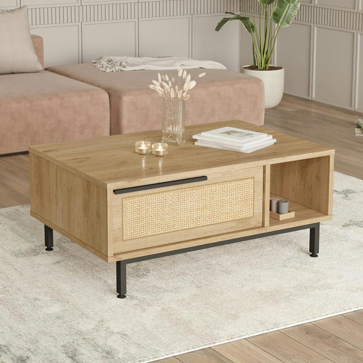 Table basse cannage et effet bois clair, avec niches JENA