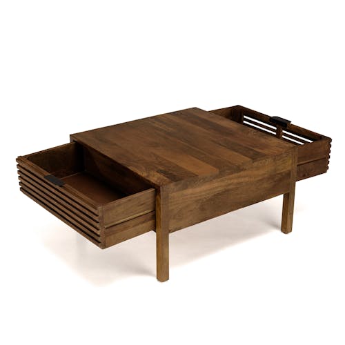 Table basse carrée 70x70 cm bois exotique 2 tiroirs opposés KANHA