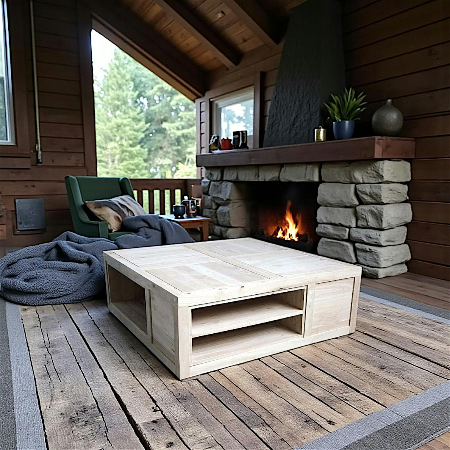 Table basse carrée avec casiers hévéa 100x100x38cm HELENA
