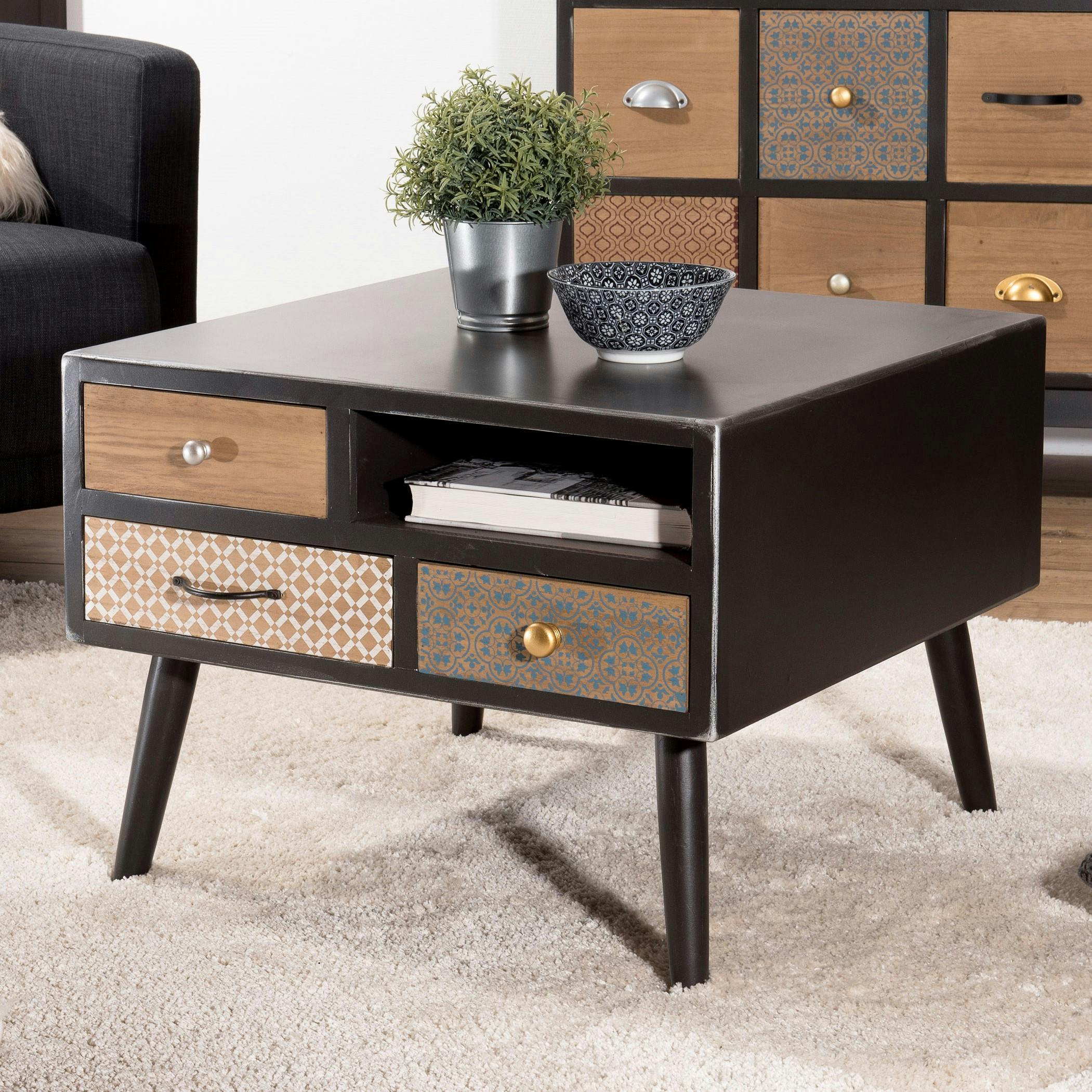 Table basse carree noire patchwork de style exotique