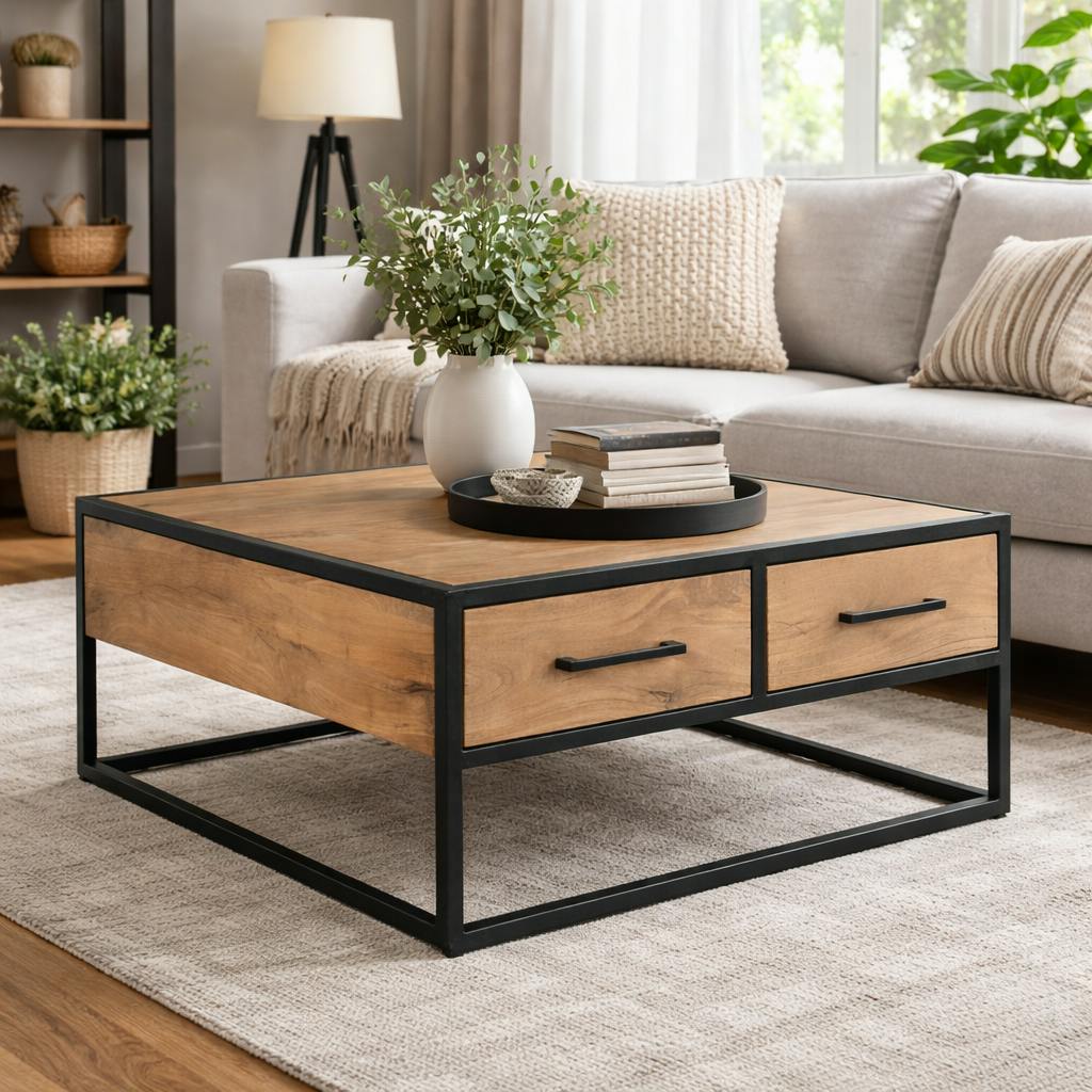 Table basse carrée bois clair métal noir 4 tiroirs RIVANO