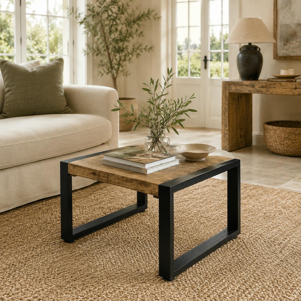 Table basse carrée bois métal 60 cm KARGO