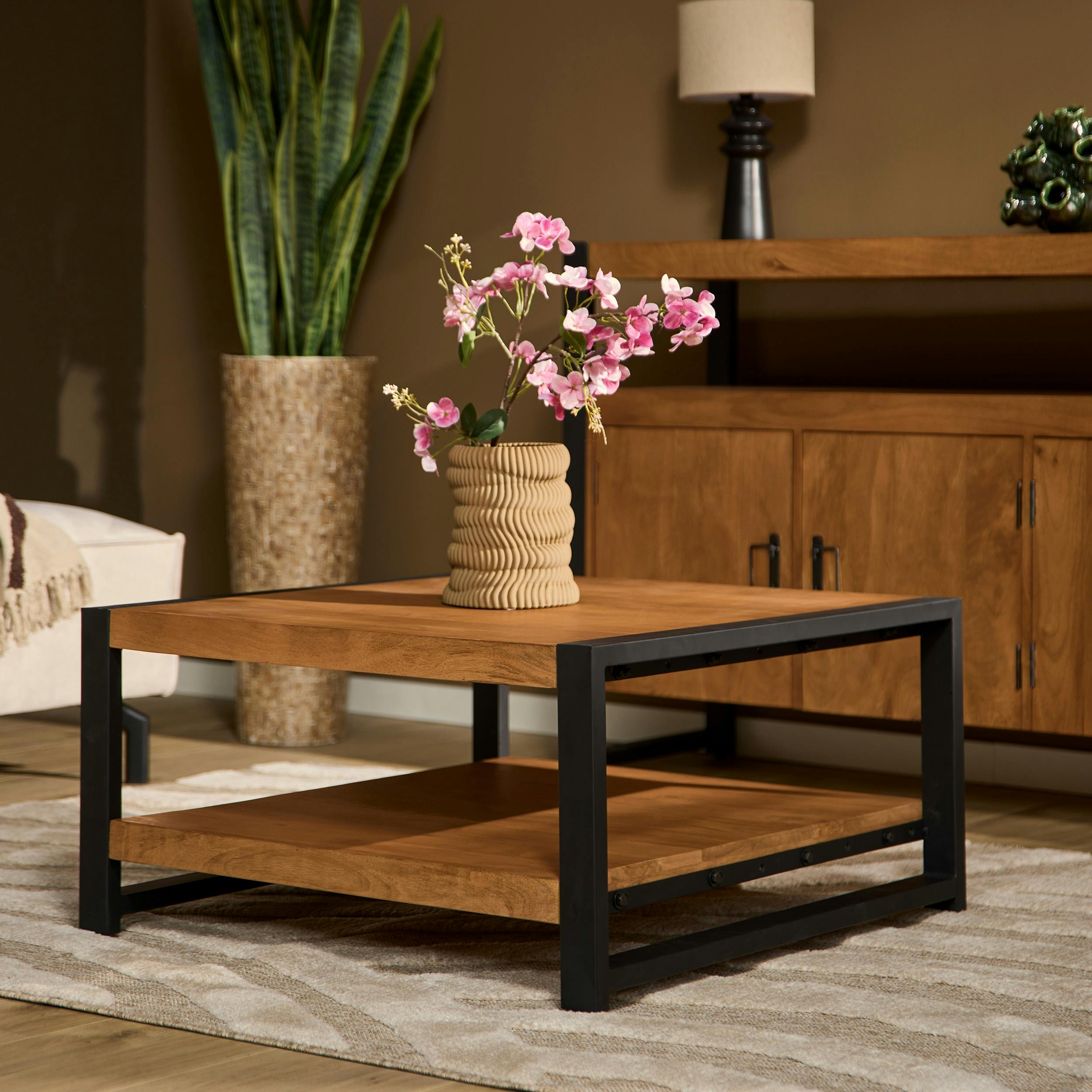 Table basse carrée bois métal MILORA