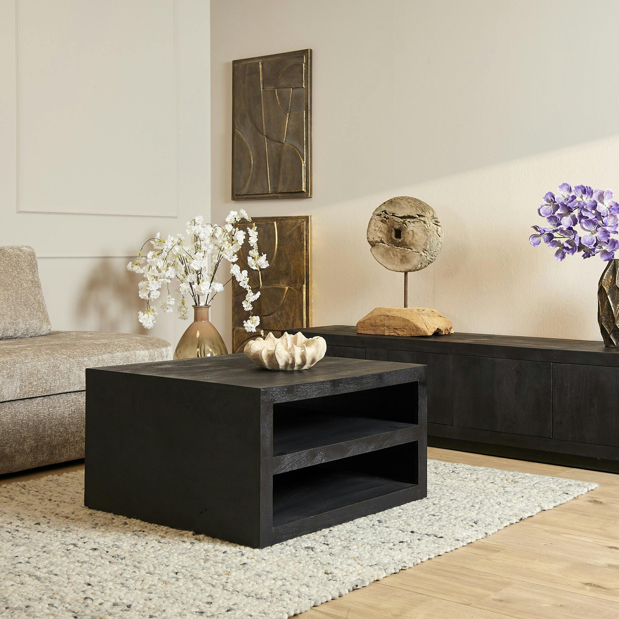 Table basse carrée bois noir avec rangement MONTARO