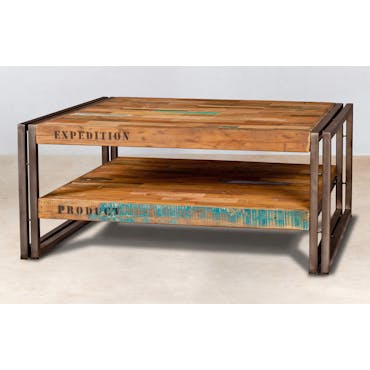  Table basse carree en bois recycle et metal de style industriel