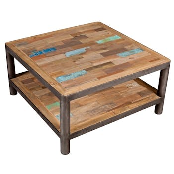 Table basse carree en bois recycle et metal de style industriel