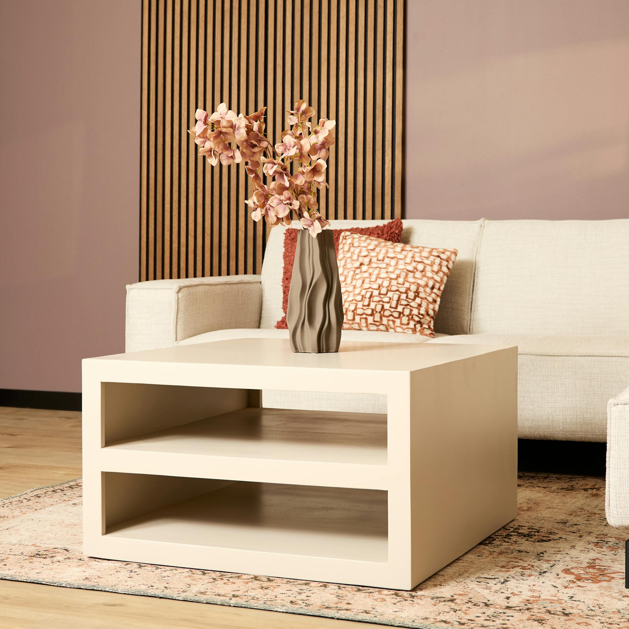 Table basse carrée bois sable avec rangement MONTARO